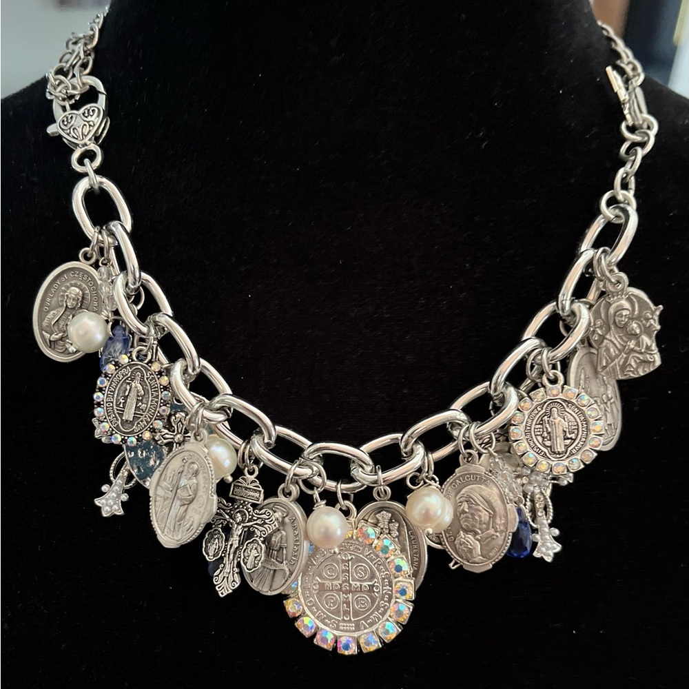 SOLD Charm Bracelet: St Benedict, Lenten Saints, Crosses, Freshwater Pearls - Picture 11 of 12